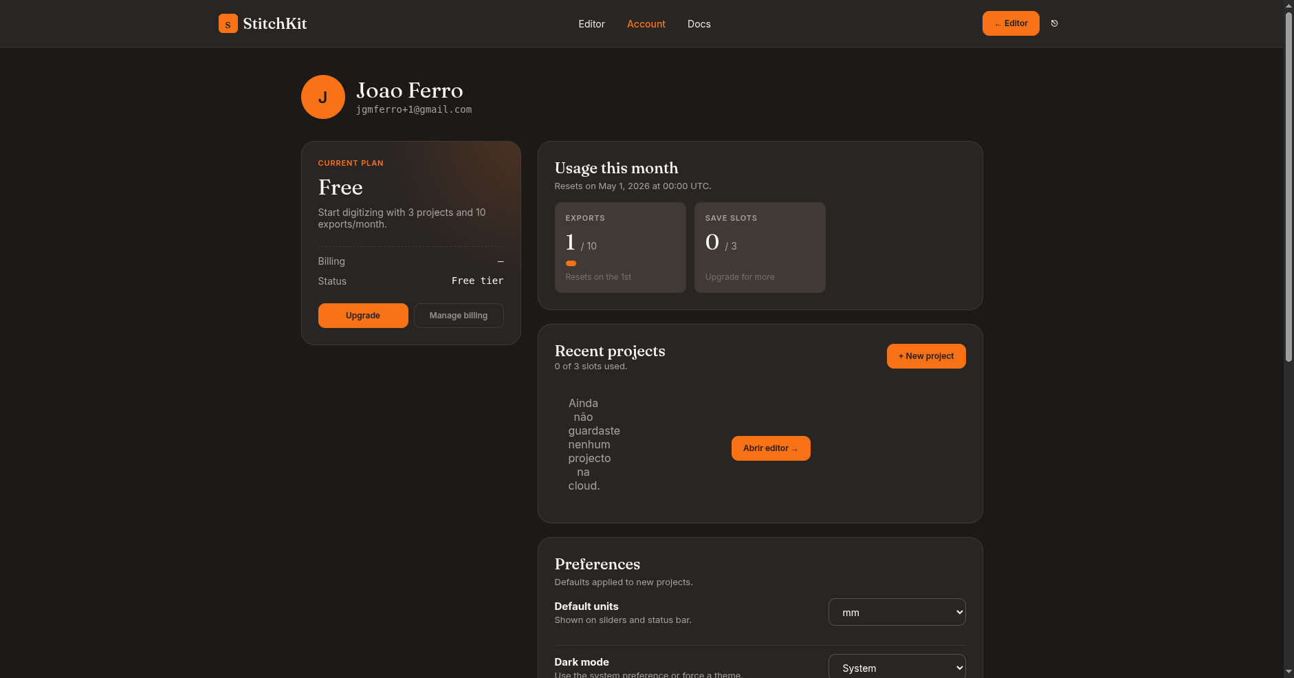 Dashboard with saved projects